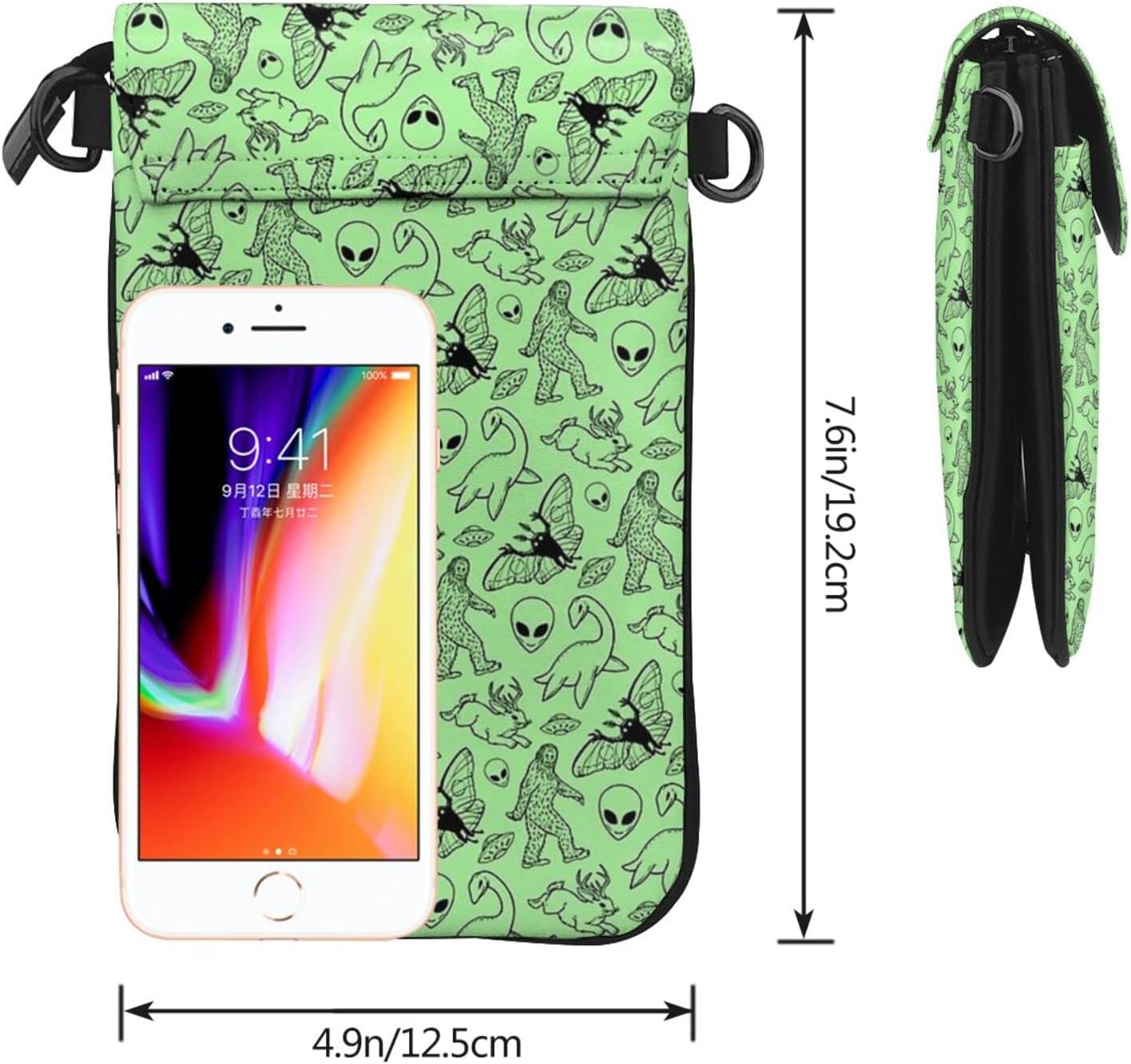 Crossbody Cell Phone Purse Aliens Bigfoot Savage Dinosaurs Green, Multipurpose Soft PU Leather Wallet for Mobile Phone Card Passport Storage, Lightweight Casual Adjustable Shoulder Bag - Image 4