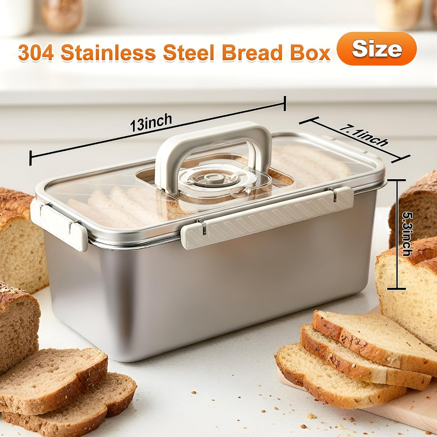 Bread Box Stainless Steel Bread Storage for Homemade Bread, Dishwasher Safe Bread Containers Storage Airtight Loaf, Airtight Bread Storage Container with Lid and Handle