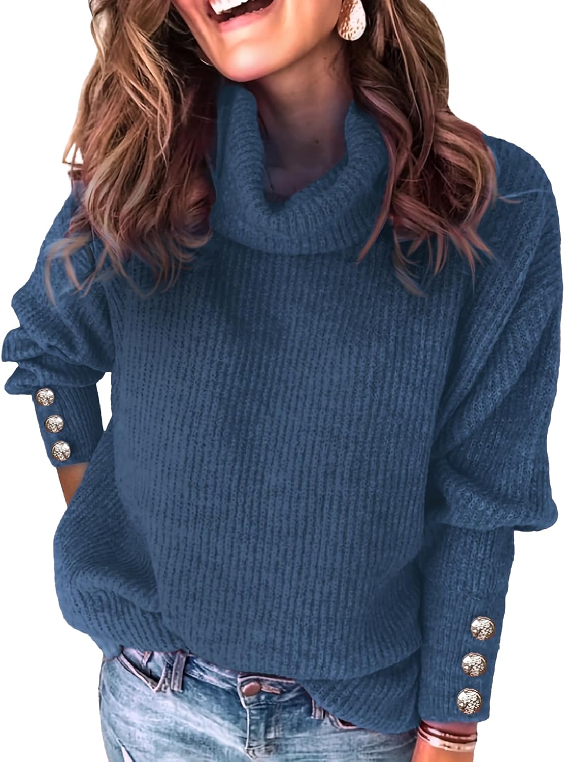 Women’s Oversized Turtleneck Sweaters Fall 2024 Dressy Casual Ribbed Knit Button Long Sleeve Pullover Sweater