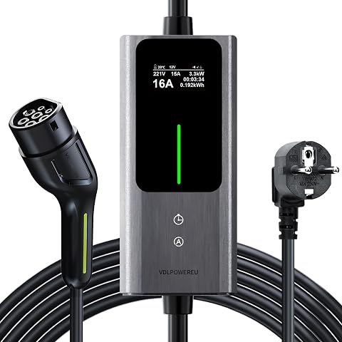 Cavo Ricarica Auto Elettrica Tipo 2, 3,68kW | 6-16A | 5m Colonnina Ricarica Auto Elettrica, Caricatore Auto Elettrica Tipo 2 Schuko con LCD Controllo Digitale, IP65, IEC19621-2 VDLPOWEREU