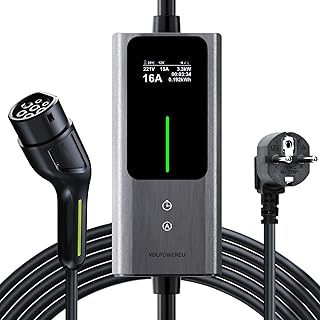 Typ 2 Ladekabel Schuko 3,68kW | 6-16A | 5M, 1-phasig EV Ladegerät Typ 2 Schuko mit Steuerbarer Digitalanzeige, E Auto Ladekabel Schuko IP65 für Elektroautos IEC 62196-2 PHEV/EV VDLPOWEREU