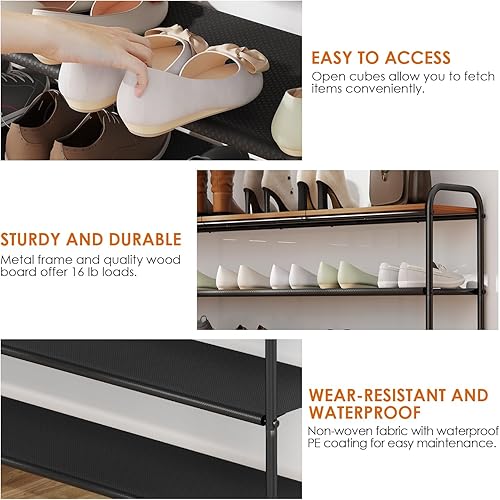 Miniatura 5 de Zapatero largo de madera de 3 niveles, 24 pares de organizadores de zapatos, diseño de metal y tela, organizador de zapatos para armario, entrada,