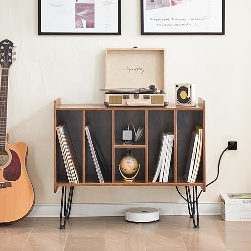 Miniatura 4 de Soporte grande para tocadiscos con almacenamiento de vinilo, mesa de tocadiscos retro marrón con alimentación y puerto USB, capacidad para hasta 200