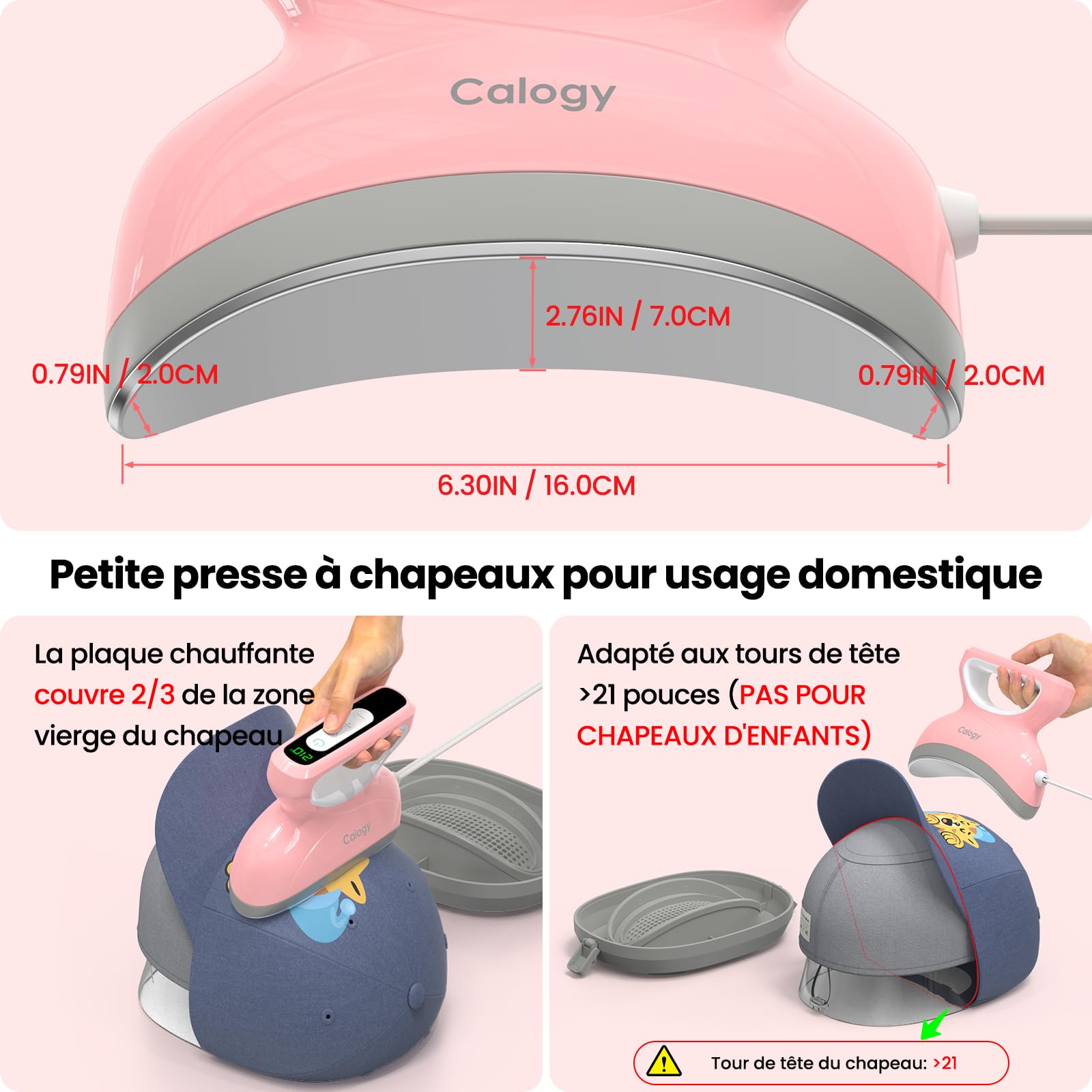Calogy Mini presse à chaud pour chapeaux, compte à rebours température maximale de 210 ℃ avec base de presse ronde, machine de transfert de chaleur pour casquettes, bavoirs, snapbacks, bonnets (Rose)