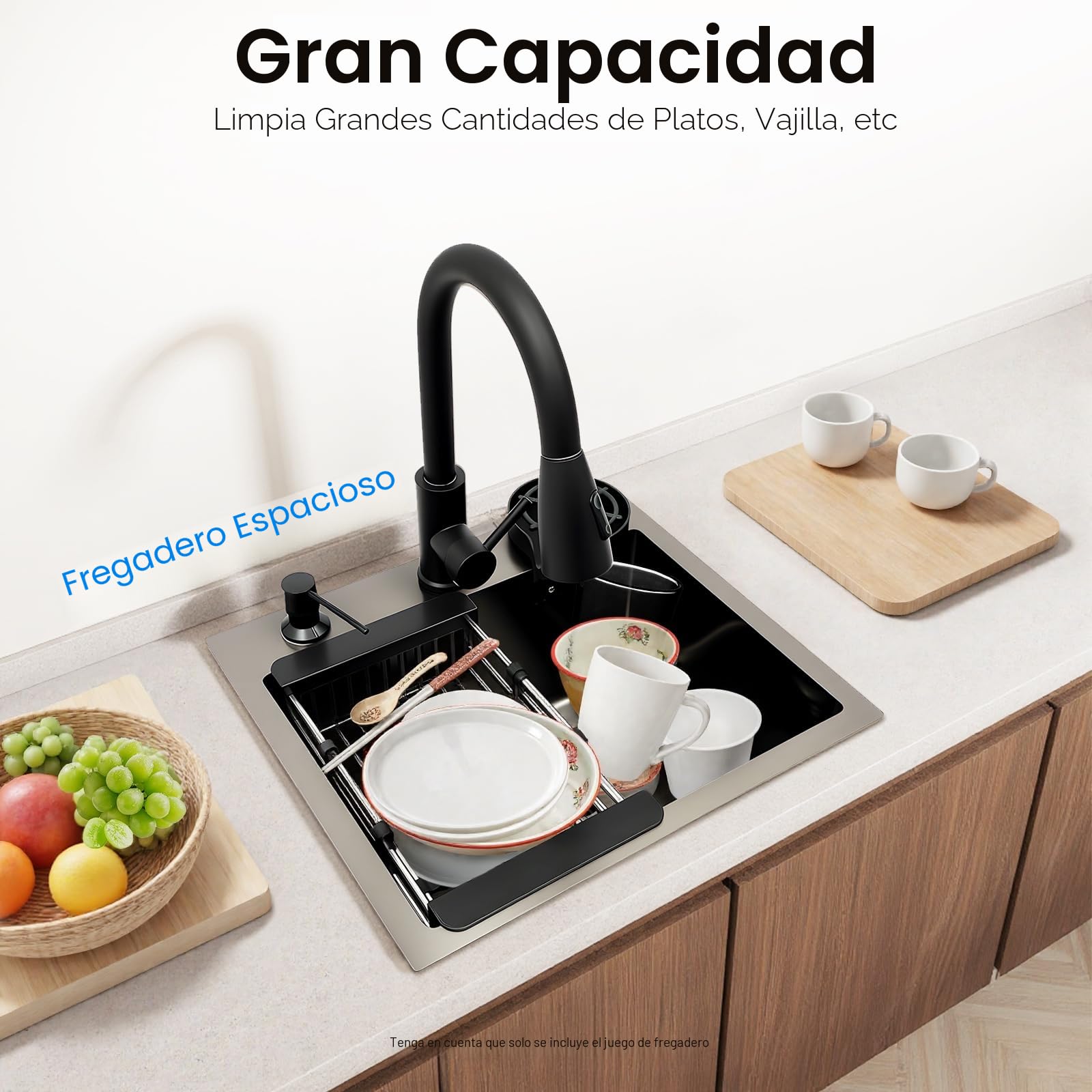 Fregadero de acero inoxidable de 45 x 40 cm, color negro, con grifo extraíble y lavavajillas para tazas, fregadero de cocina multifuncional, 1 lavabo, incluye tubo de drenaje, dispensador de jabón