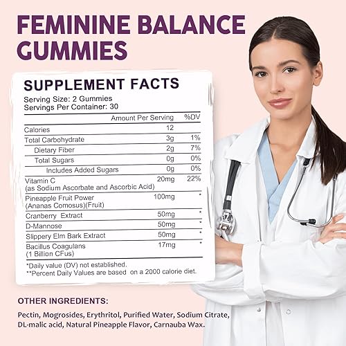 Miniatura 8 de Feminine Balance - Gomitas probióticas para mujeres, apoyan el equilibrio del pH, la frescura y la salud digestiva, con piña, olmo resbaladizo,