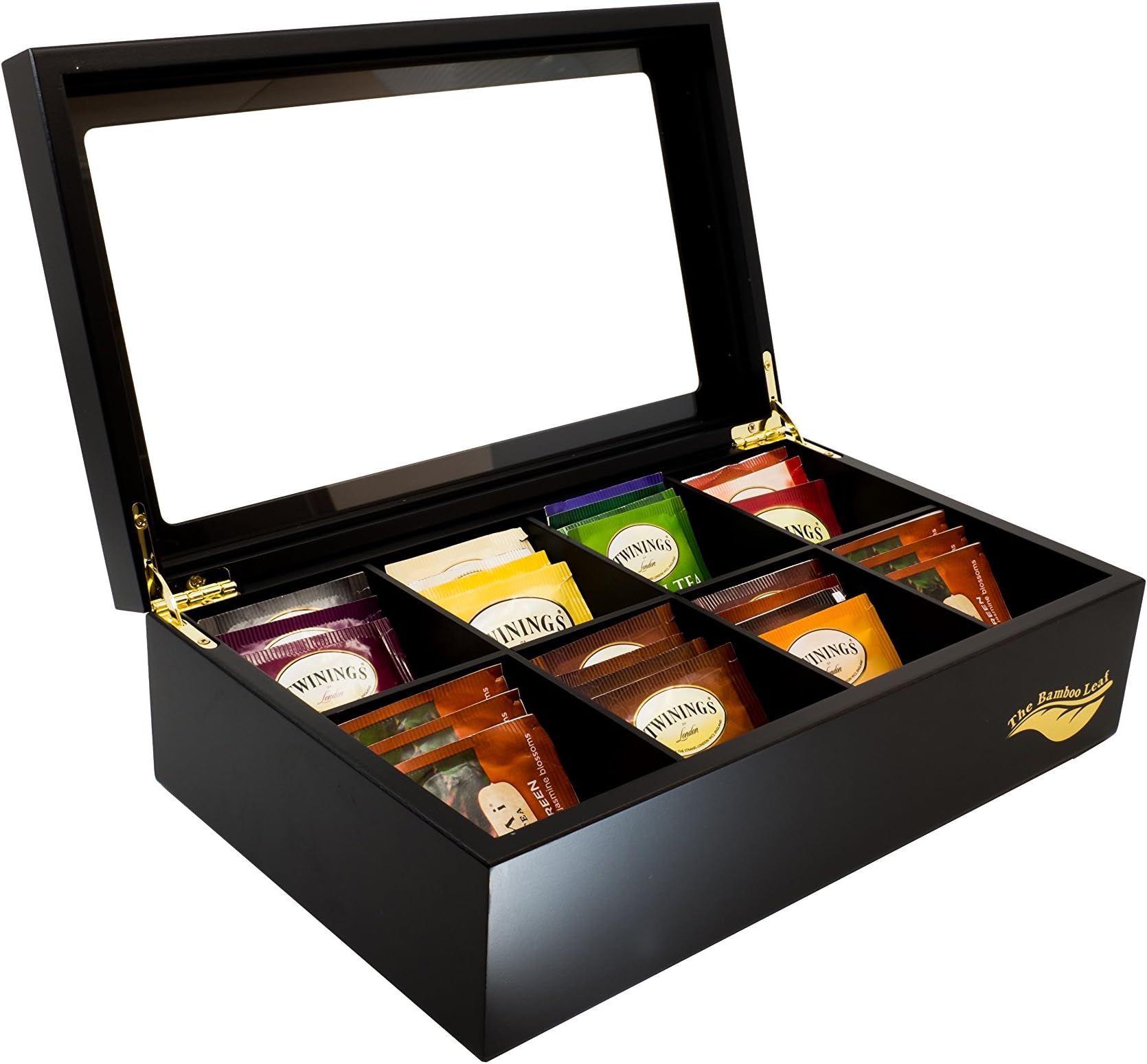Tea Box Storage Organizer for Tea Collections, 8 Compartments w/Glass Window (Black)