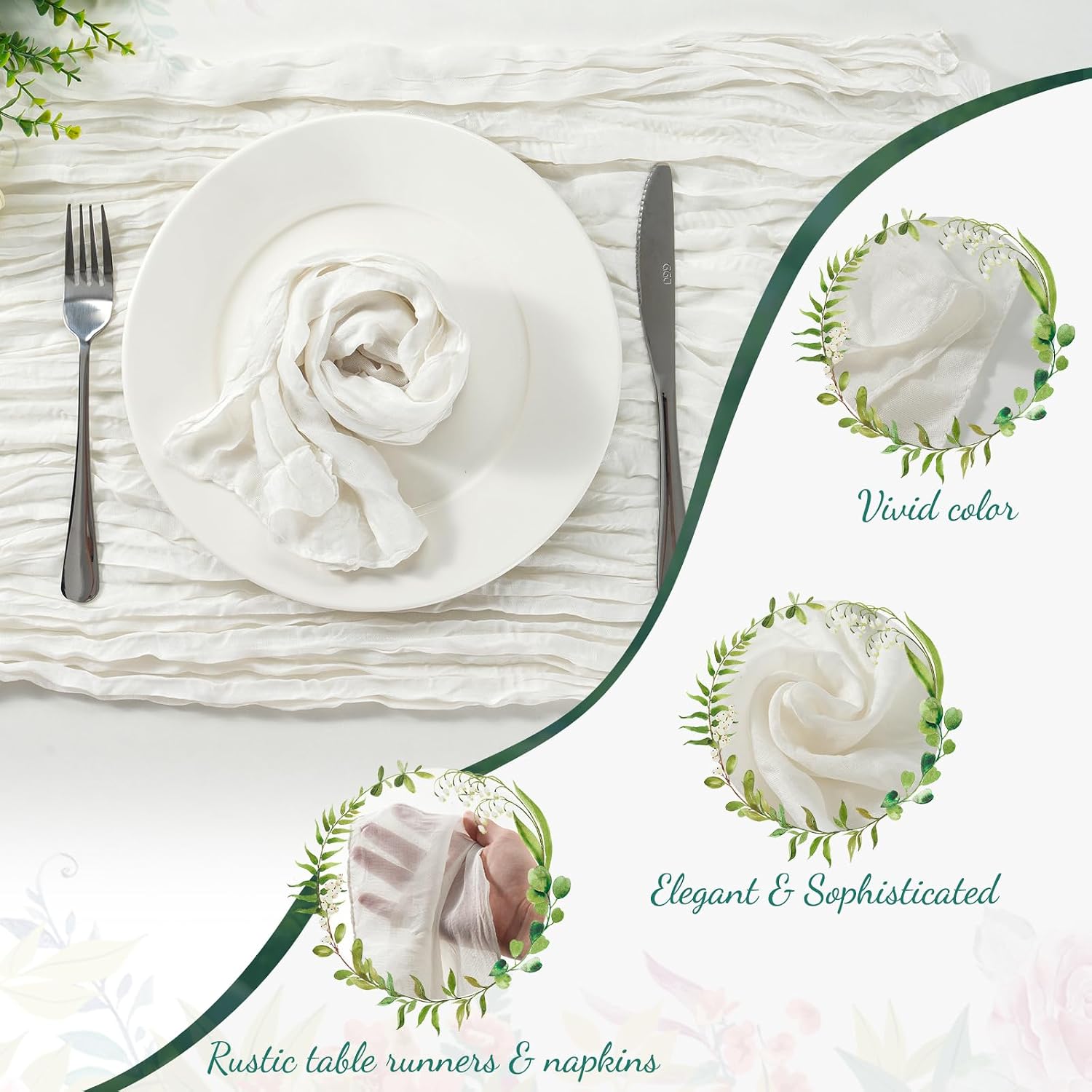 60PCS Ivory White Cheesecloth Napkins and 6PCS Table Runners Set, 19.69x19.69inch Rustic Wedding Napkins and 35x118inch Gauze Table Runner for Wedding Party Boho Table Decor