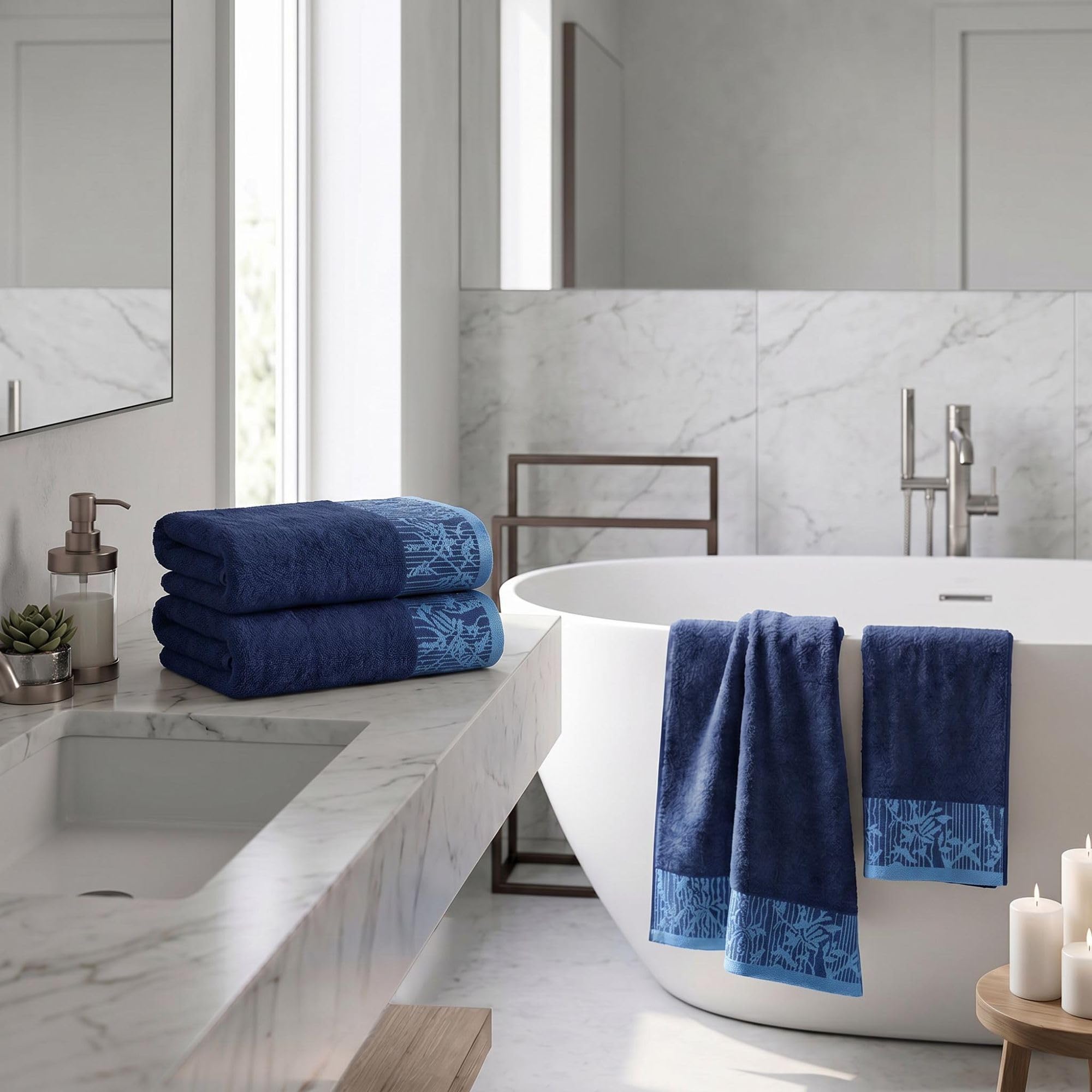 Superior Toallas de baño de algodón (juego de 4), borde floral jacquard Dobby, toalla corporal para baño, baño de invitados, spa, centro turístico, hotel, Airbnb, artículos esenciales para el hogar,
