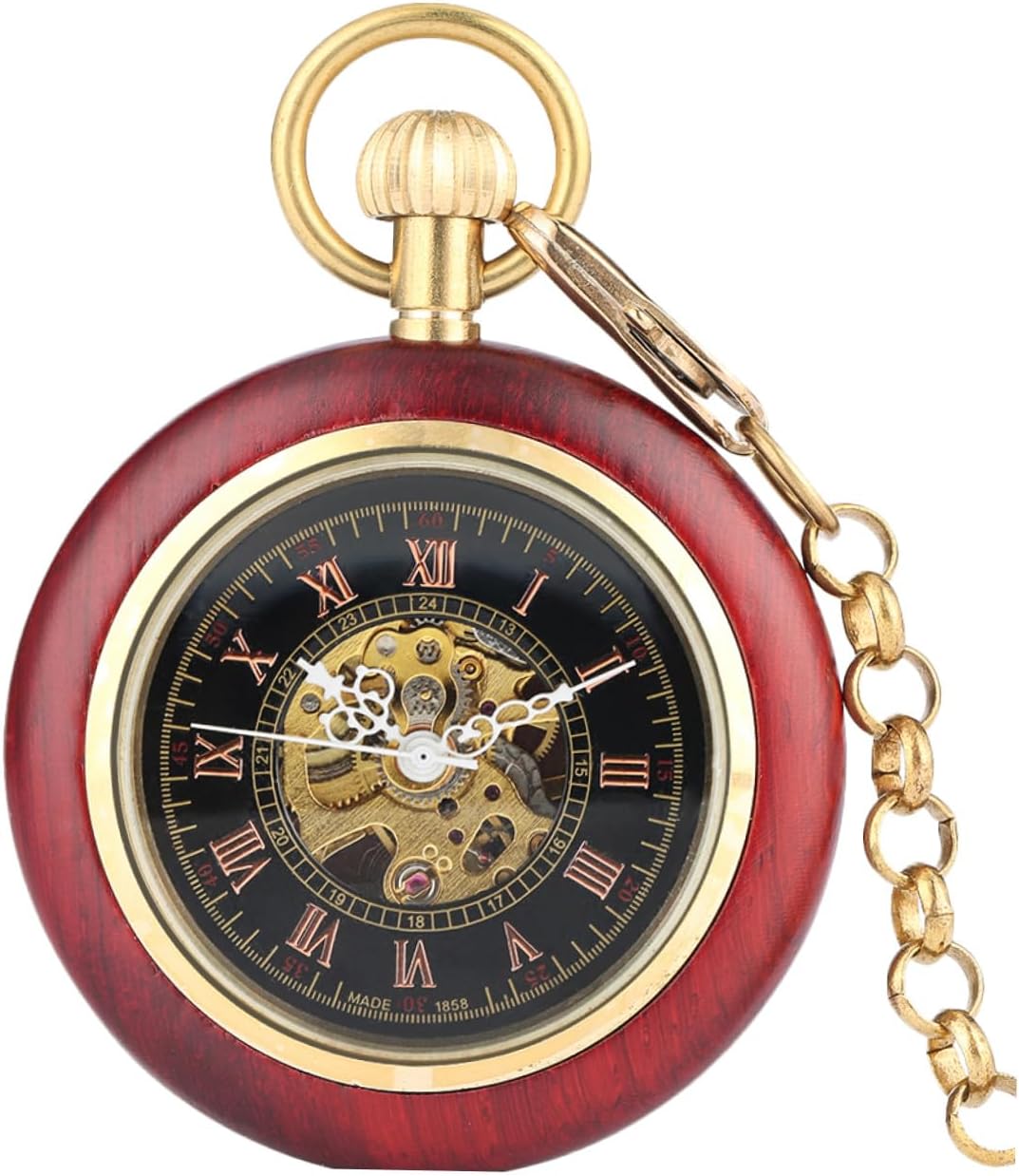 Uonlytech Mechanical Pocket Watch Vintage Hanging Watch with Roman Numerals Copper Wood Grain Case Linked Retro Men’s Timepiece for Classic Style and Collectors