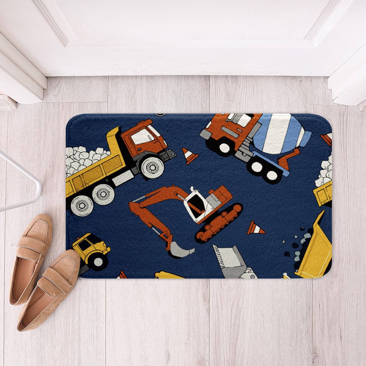 Btah 20"x32" Cartoon Car Kids Blue Bath Mats for Shower & Tub - Excavator, Truck & Tractor Themed Construction Vehicles