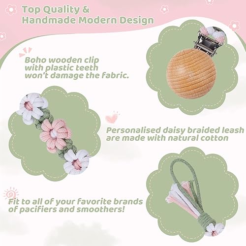 Miniatura 3 de Paquete de 2 clips trenzados para chupete para niños y niñas bebés, macramé con margaritas para bebé, correa hecha a mano estilo bohemio para el