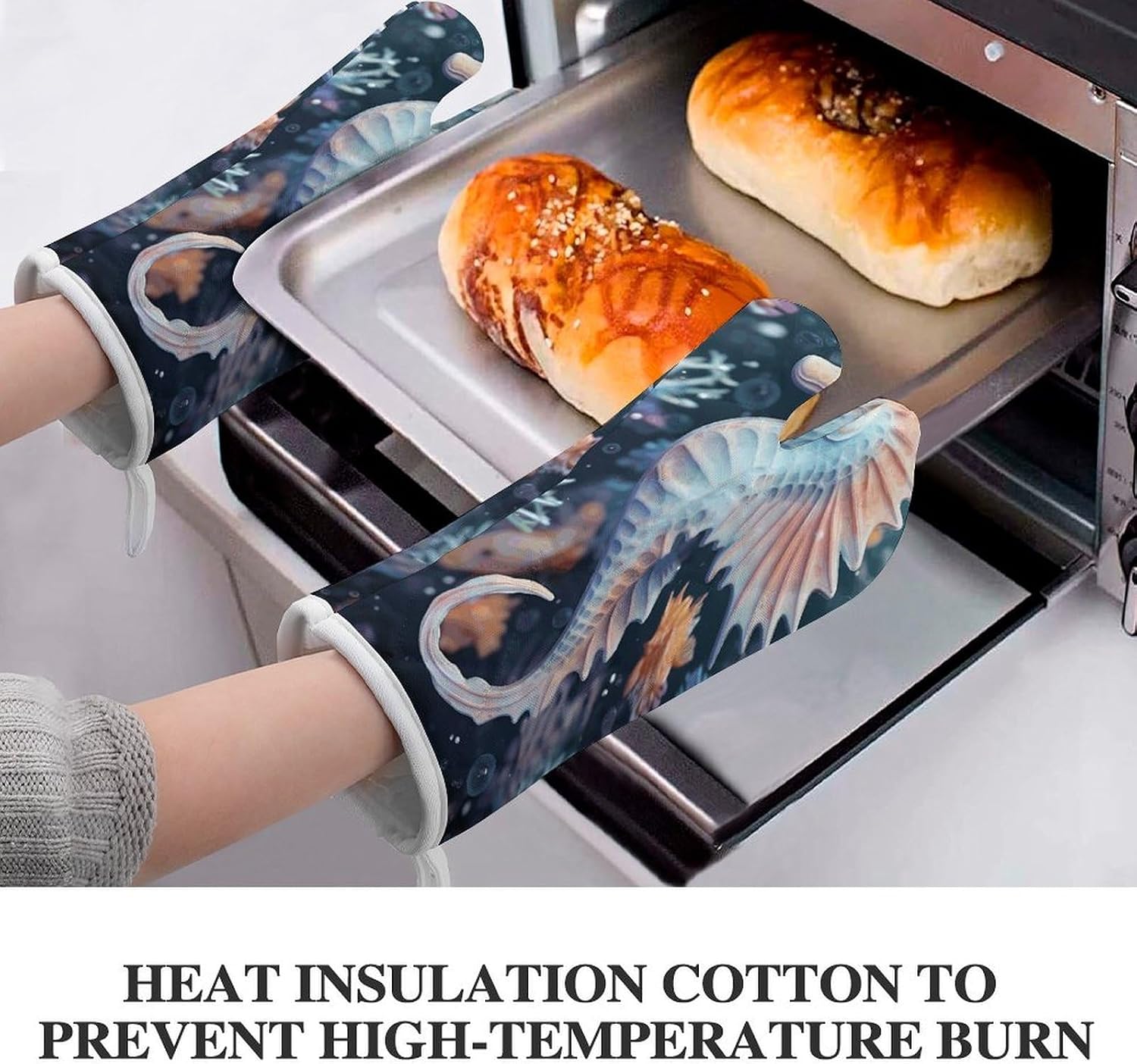 2 Pcs Oven Mitts Heat Resistant Kitchen Gloves Soft Safety Seahorse and Starfish Oven Glove for Microwave, Barbecue