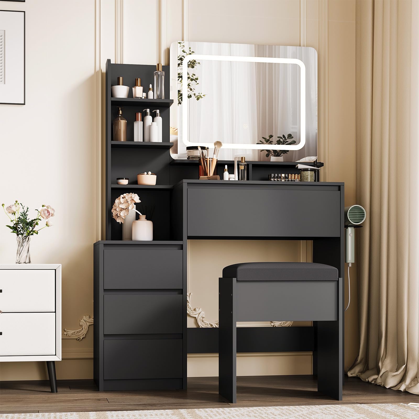 Photo 1 of **MISSING PARTS AND HARDWARE**
Vanity Desk With Mirror and LED Lights, 36-Inch Makeup Vanity Desk, Power Outlet, USB Ports, Stool, 3 Color Adjustable Light, Dressing Table With 4 Drawers, Storage Shelves for Bedroom, Women, Black