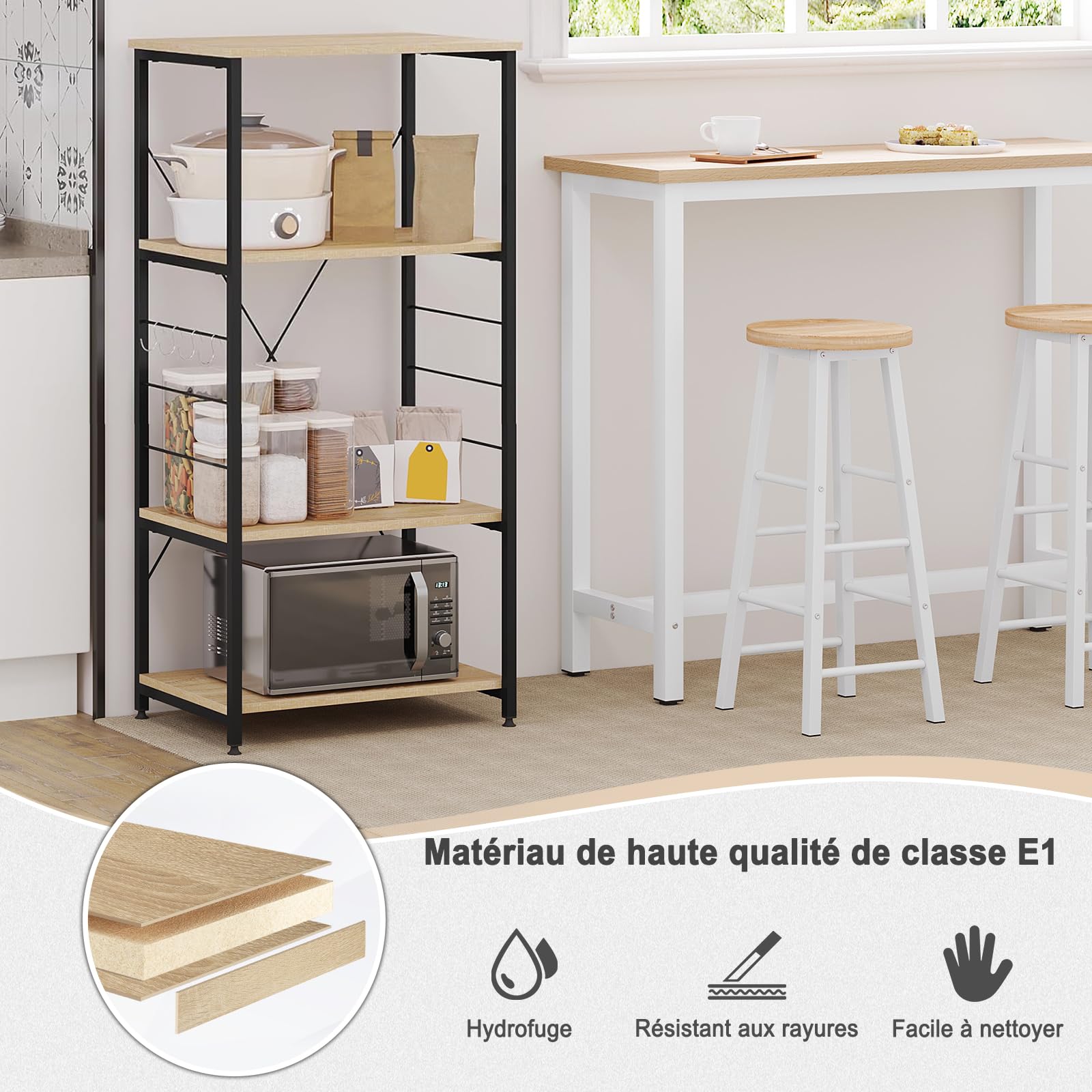 WOLTU Étagère de Cuisine Étagère de Micro-Ondes en métal et Bois à 4 Niveaux,Environ 60 x 40 x 123,5 cm,Noir + chêne Clair