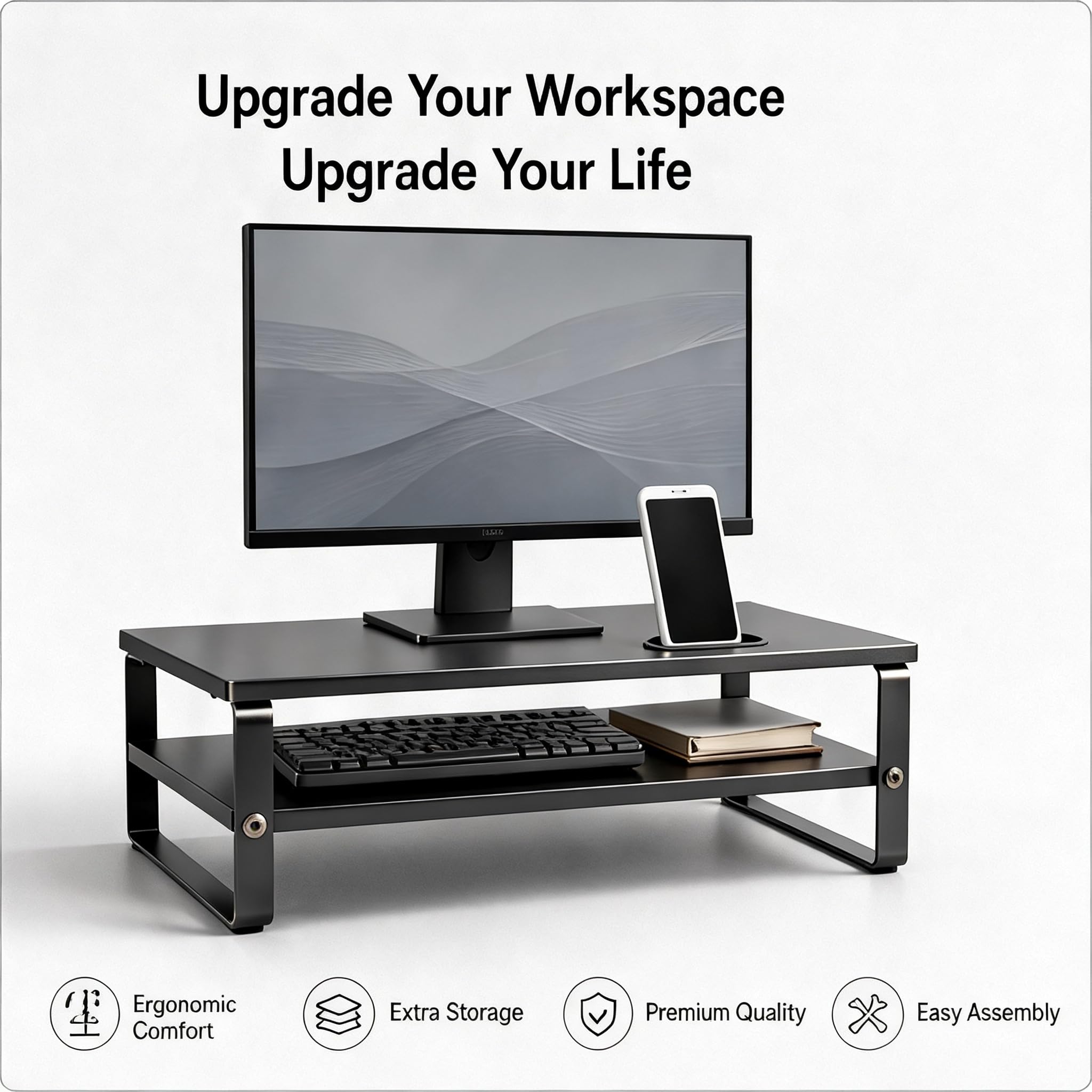 Supporto per monitor con supporto per telefono, supporto ergonomico per laptop a 2 livelli con cuscinetti antiscivolo per computer, notebook, iMac, PC, carico 50 kg, organizer da scrivania