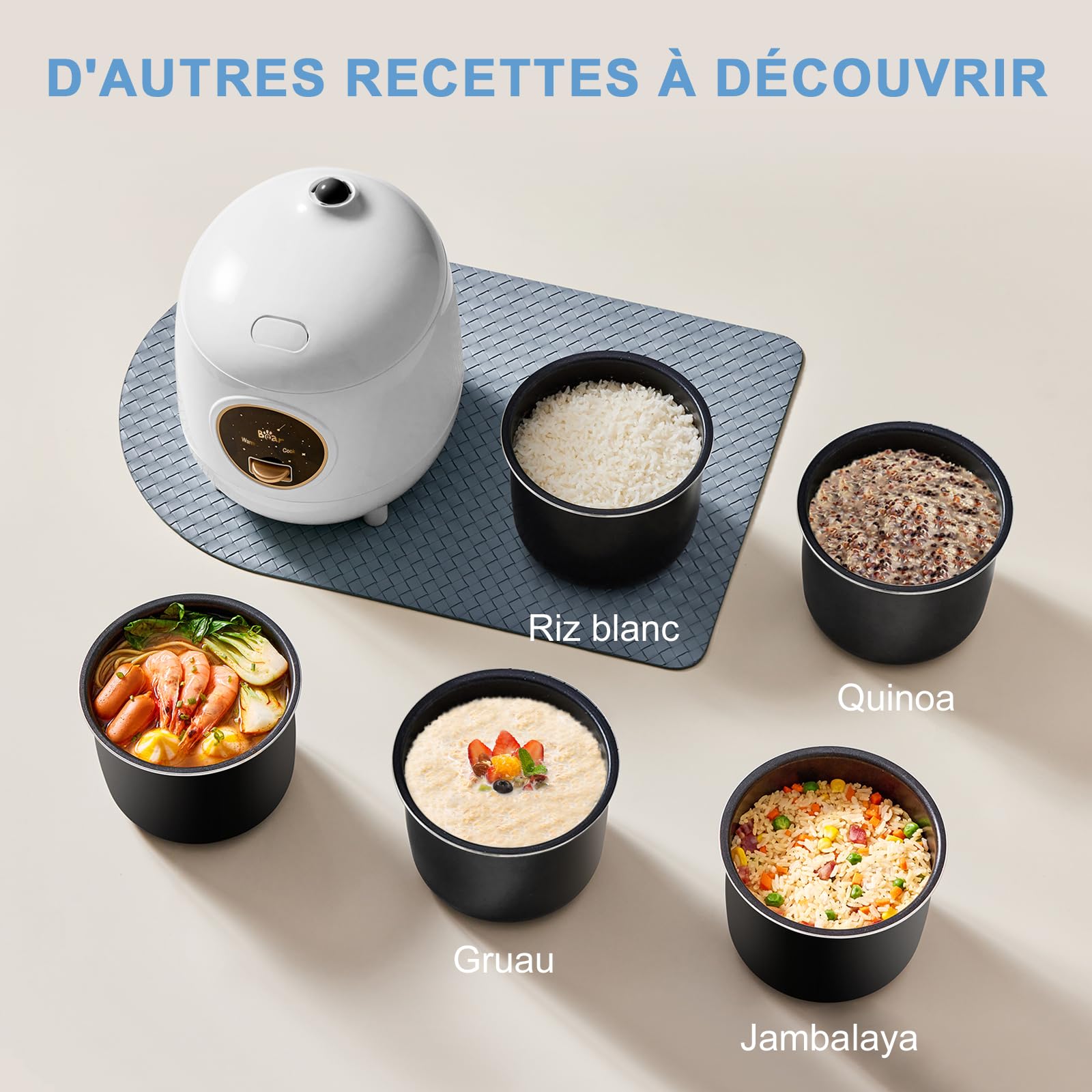Bear Cuiseur à riz 2 tasses non cuit, 1.2L, blanc, avec revêtement antiadhésif, sans BPA, mini cuiseur à riz portable, un bouton pour cuire et maintenir au chaud