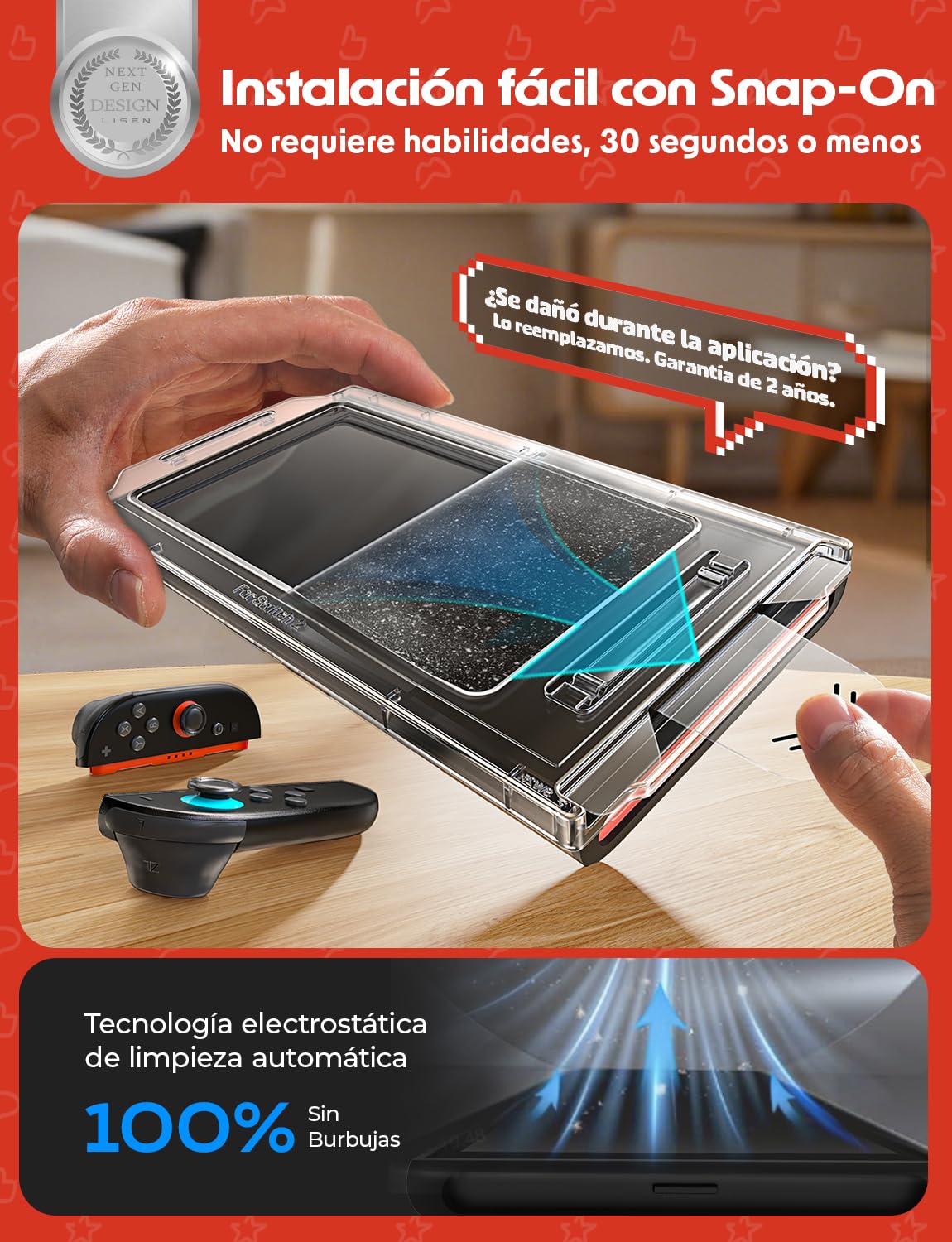 LISEN 2 Piezas Protector Pantalla Switch 2 Model 2025, Incluye Kit de Alineación Automática de Fácil Instalación, Dureza 9H, Cobertura de Pantalla Completa, Antirreflejo, Ultra HD