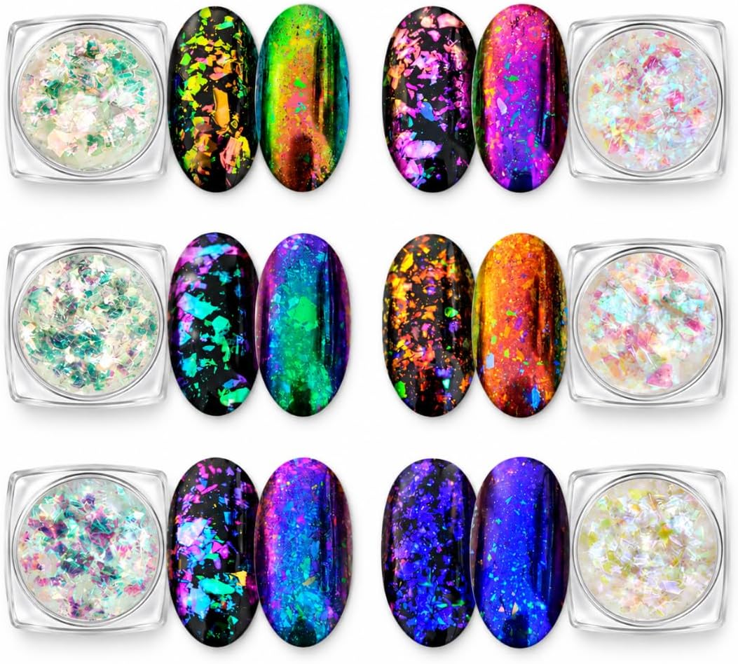 Chameleon Nail Flakes, Iridescent Chrome Nail Powder, 6 Jars, Light