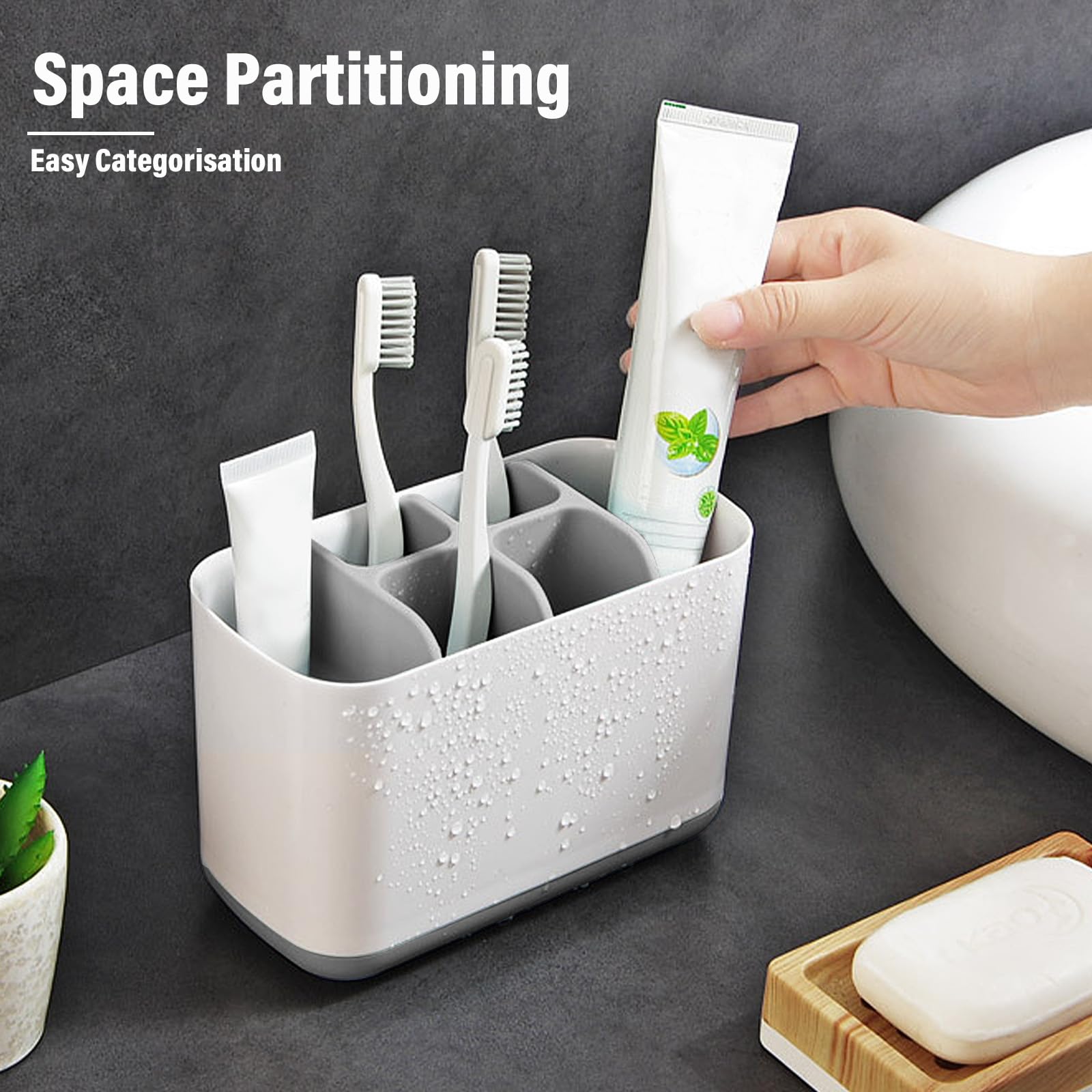 Portaspazzolino Da Bagno 6 Scomparti Con Foro Di Scarico - Porta Spazzolini E Dentifricio Salvaspazio Con Fondo Antiscivolo