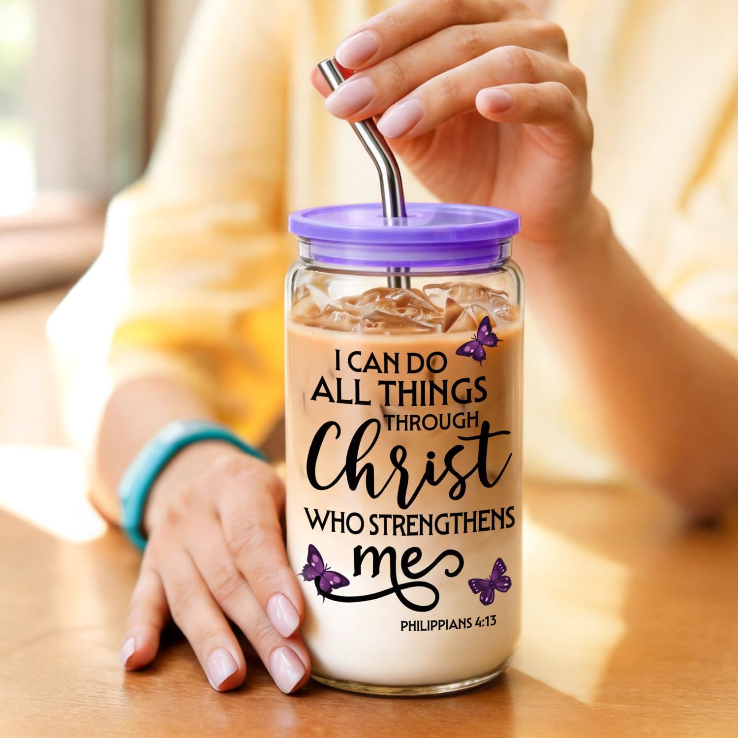 Christian Gifts for Women 16 oz Glass Cups with Lids and Straws, Purple Butterfly Cross Iced Coffee Tumbler for Home Office, Mothersday Baptism Birthday Religious Gifts for Church Friends