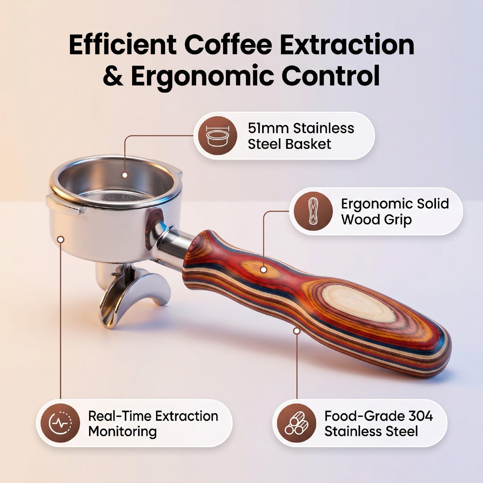 EMUKOEP Portafiltro de café para, Cesta de Filtro de Acero Inoxidable de 51 Mm con de Madera de Abedul (Caño doble con fondo)
