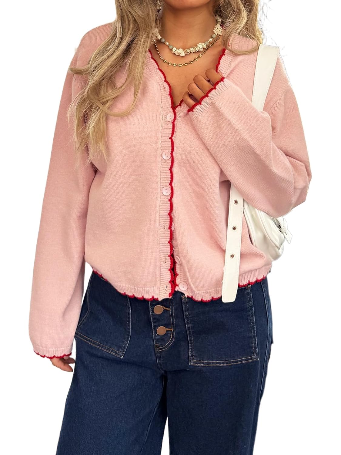 Womens Long Sleeve Button Down Cardigan Knit Open Front Cropped Contrast Color Trim Sweaters Fall Winter Tops