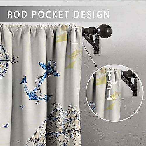 Miniatura 2 de Cortinas náuticas cortas para ventana pequeña, velero, brújula, ancla, cortinas térmicas insonorizadas de 24 pulgadas de largo, cortinas de