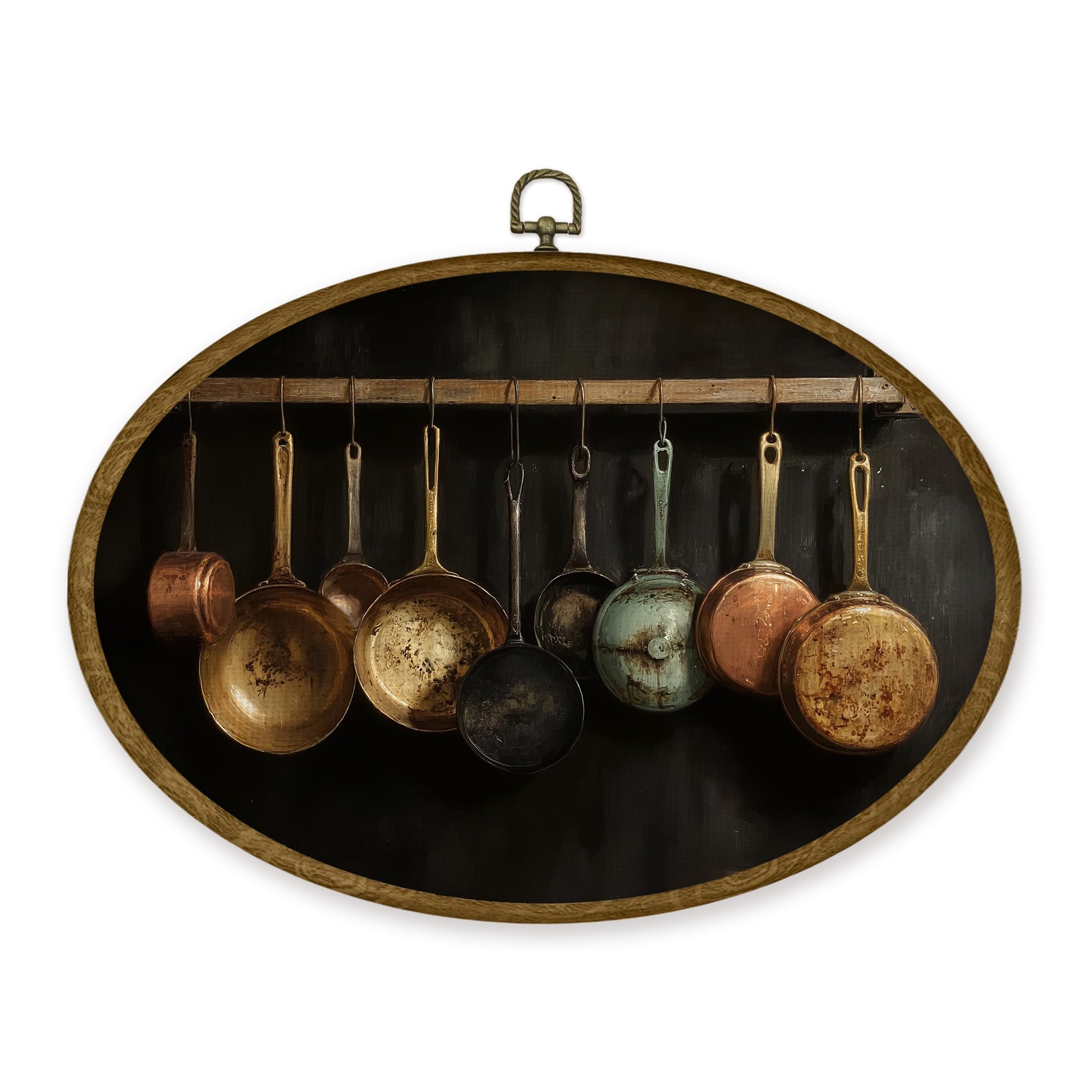 Photo 1 of **BEND DAMAGE**JMENGSSFL Vintage Kitchen Oval Wall Art Decor, Rustic Farmhouse Canvas Prints, Dark Academia Moody Antique Copper Pan Country Framed Wall Art for Kitchen Dining Room Decor, 11.4x8.6 Inch