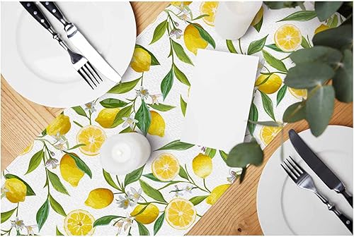 HOSNYE Camino de mesa con flores amarillas de frutas de limón, camino de mesa de lino y algodón para decoración de cocina, mesa familiar, mesa de