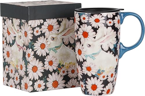 Topadorn Taza de café de cerámica alta con tapa y caja de color. 17 oz.