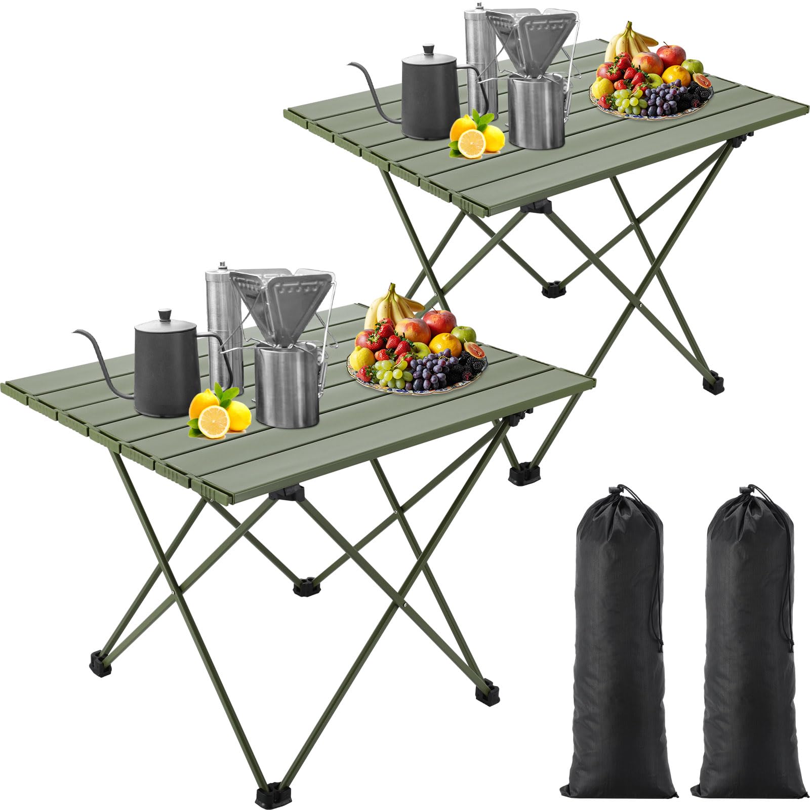 2 Pcs Camping Table Folding Beach Side Tables Outdoor Lightweight Aluminum Camping Table with Carry Bag Portable Camping Accessories for Outdoor Cooking Picnic Travel (Army Green,Medium)