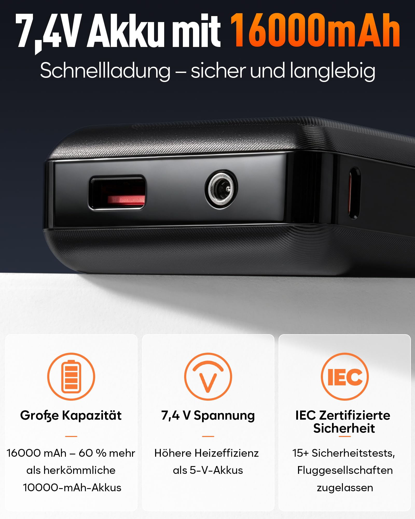 Heizjacke Herren Wasserabweisend mit Powerbank 16000mAh 7,4V, Leicht
