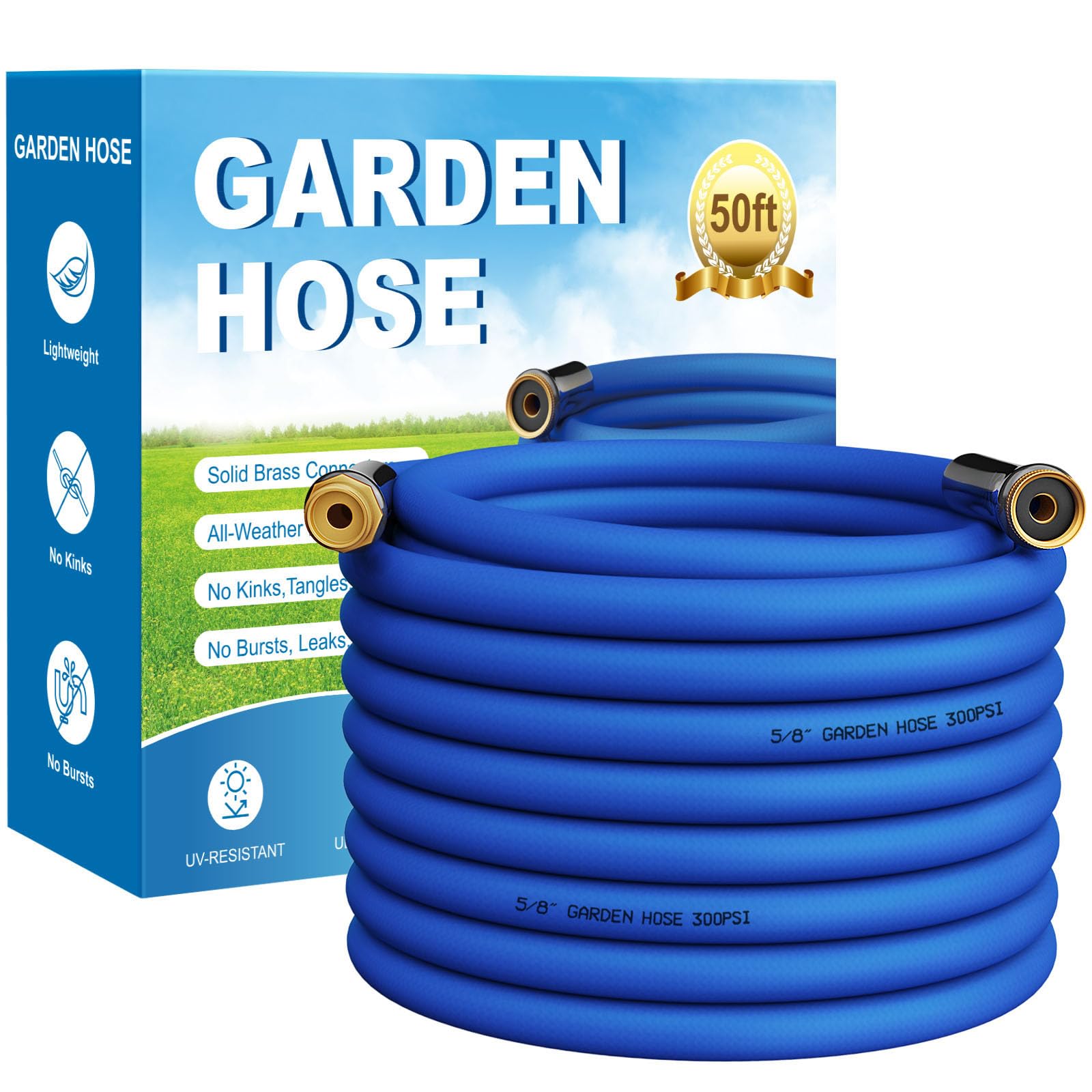 Flexible Garden Hose Water Pipe: 50FT Water Hose with Solid Brass Fittings, Durable No Kink Water Hose Flexible Hose for Gardening Lawn Car Pet Washing, Blue