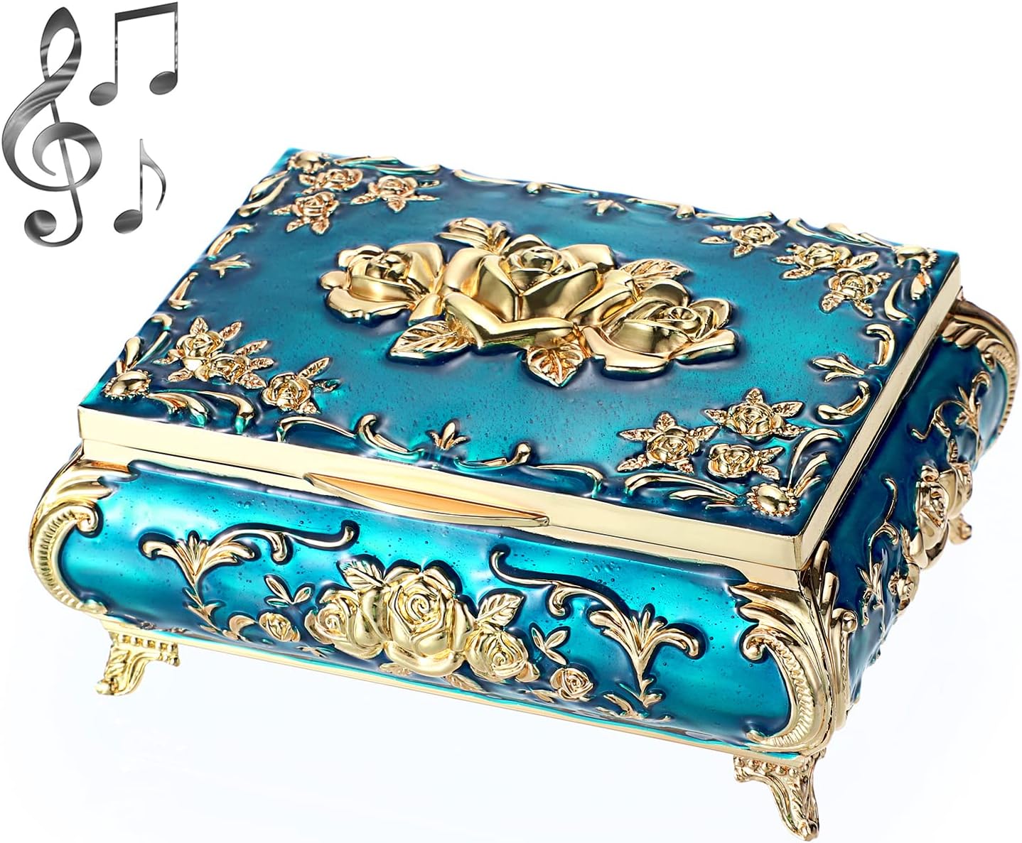 SUMNACON Metal Music Box Musical Jewelry Case Keepsake Case, Vintage Music Organizer Rose Embossed Musical Box for Christmas, Birthday, Valentines Day (Tune:You Are My Sunshine, Blue Gold)