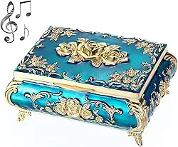 ELLDOO Caixa de música vintage, caixa de joias musical de metal azul, caixa de lembrança, pequena caixa de armazenamento de joias de presente para meninas e mulheres (melodia: You are My Sunshine)