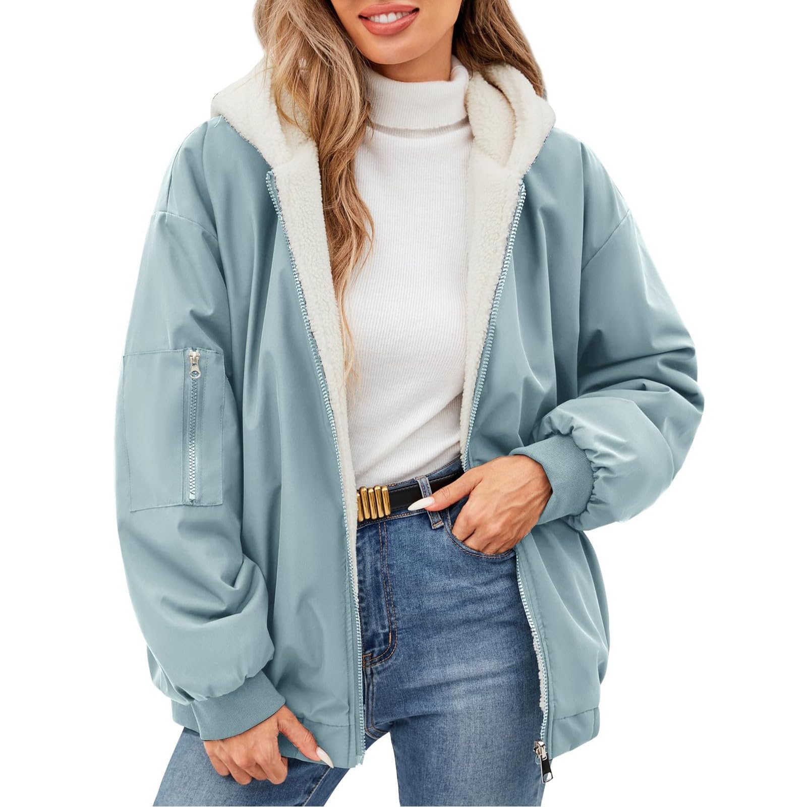 Fleecejacke Damen Hoodie Teddyfutter Plüschjacke Dick Winterjacke Warm Gefüttert Kapuzenjacke Oversize Sweatjacke Mit Kapuze Zipper Hooded Frauen Mit Taschen Kuscheljacke Flauschig Winter