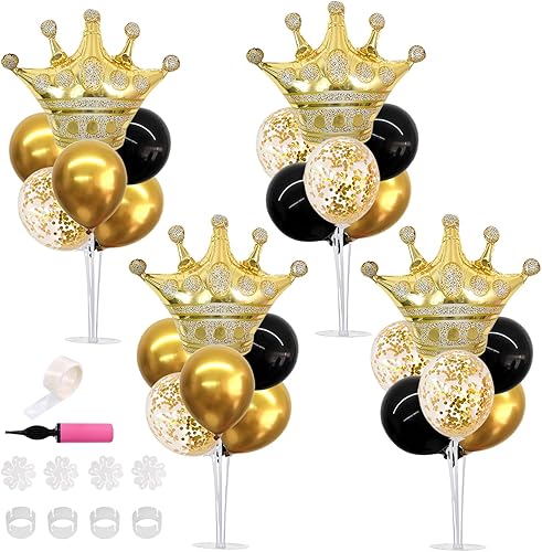 TONIFUL El kit de soporte de globos para centro de mesa incluye globos de confeti de látex negro y dorado y globo de corona de aluminio para