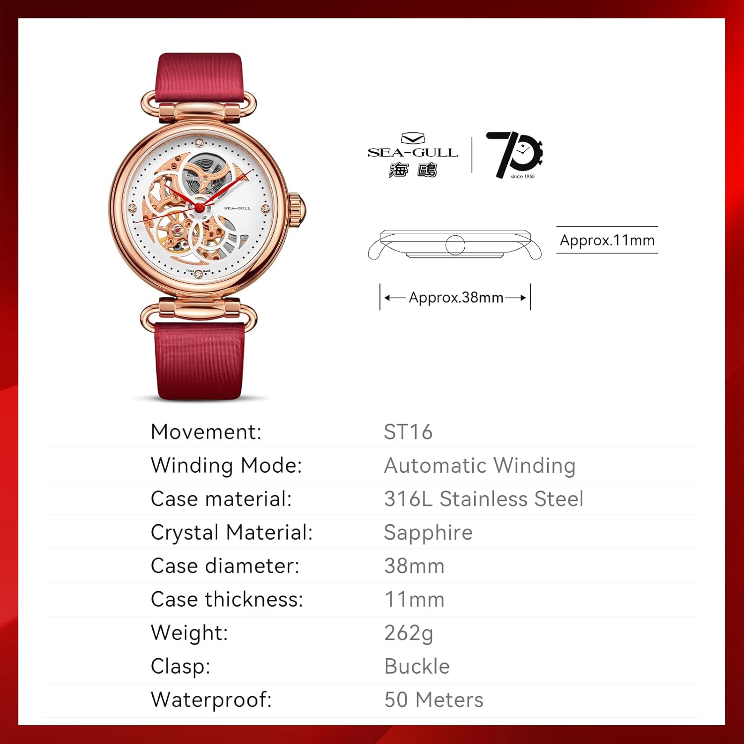 SEA-GULL Fashion Women's Watch Leather Strap Waterproof Skeleton Automatic Mechanical for Ladies Watch Necklace Set 6002L Series