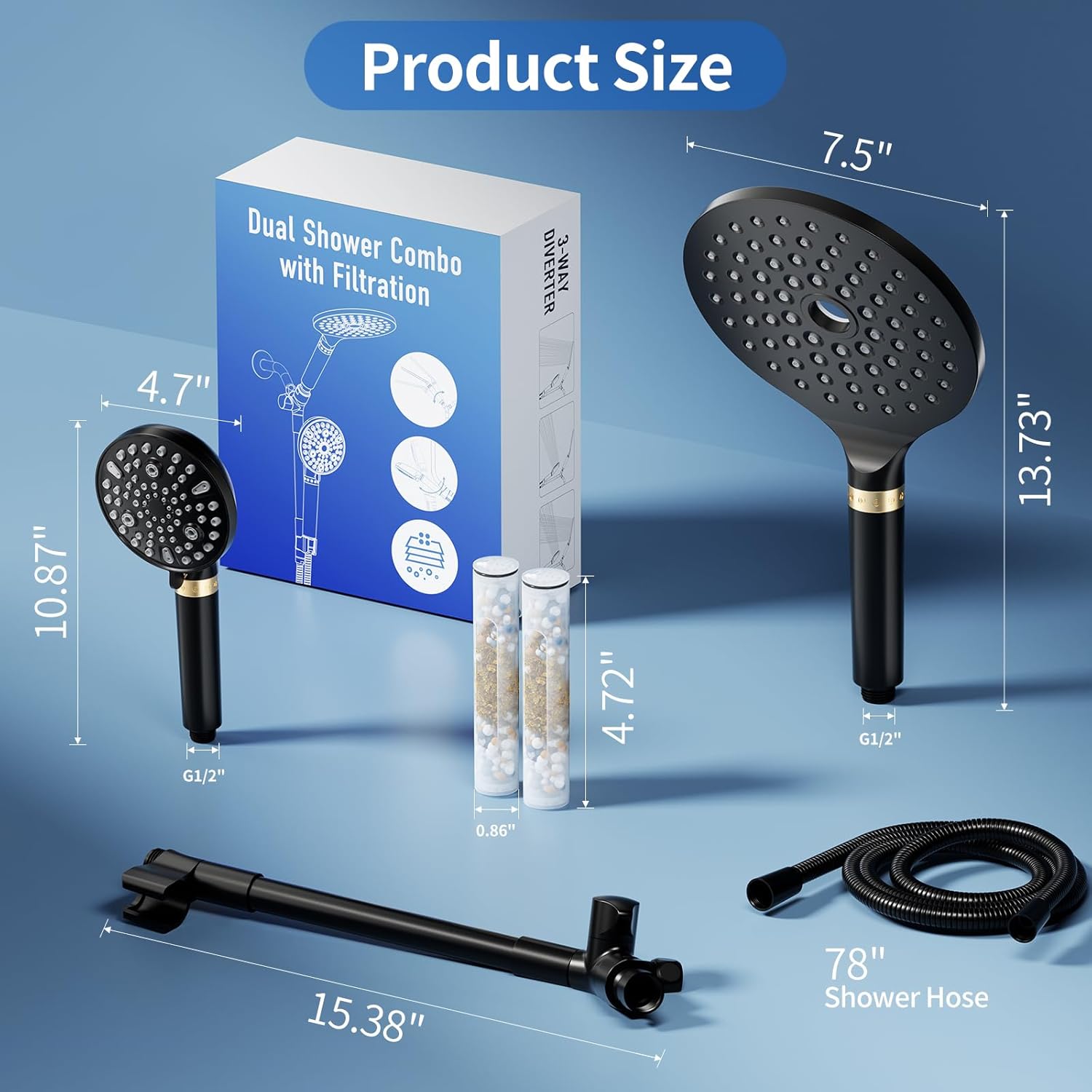 JONKEAN Dual Shower Heads with Handheld Spray Combo, 7.5" Big Filtered Double Shower Head for Hard Water, 9 Modes Waterfall Rain Shower Head High Pressure with Long Hose & Adjustable Bar (Matte Black)