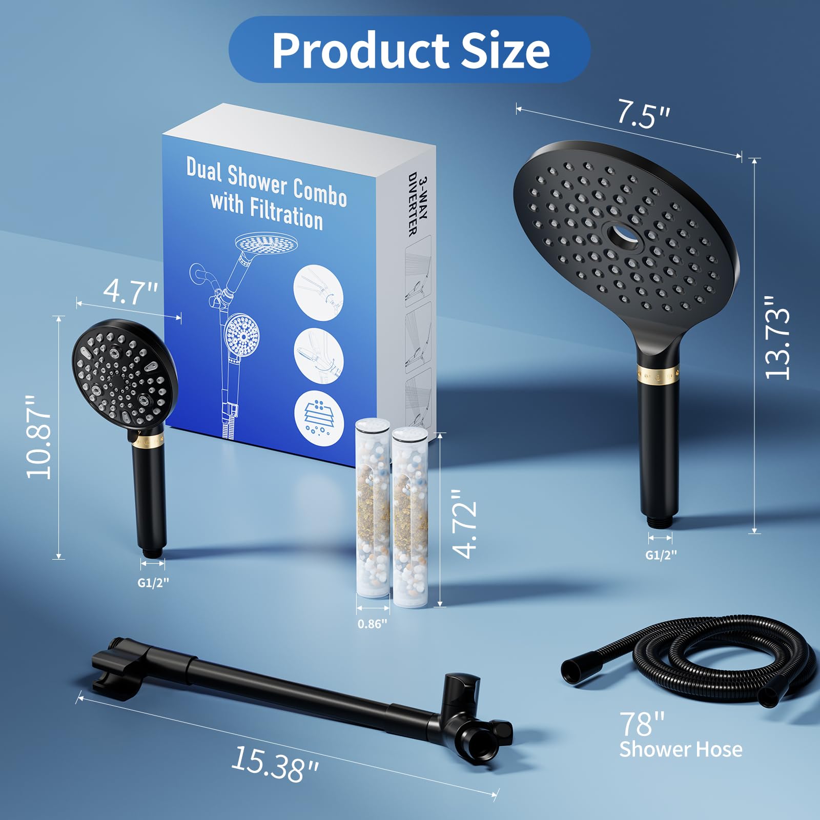 JONKEAN Soffione doccia doppio con doccetta combinata, 19,1 cm, grande filtrato, doppio soffione doccia per acqua dura, 9 modalità, soffione doccia a cascata ad alta pressione con tubo lungo e barra