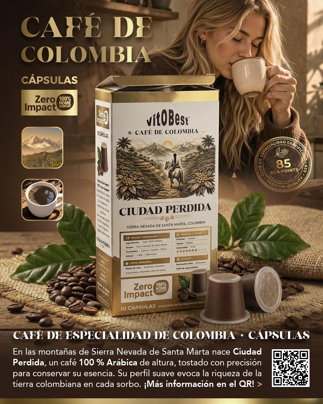 VITOBEST | Café de Colombia Ciudad Perdida en Cápsulas | Café de especialidad seleccionado de alta pureza | Tueste medio, 100% natural, sin torrefacto ni azúcares añadidos
