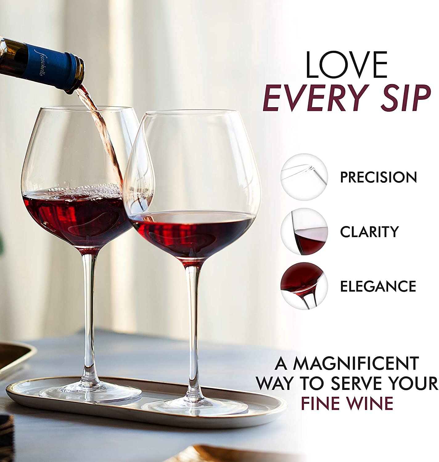 VILON Italian Premium Balloon Red White Or Brandy Premium Crytal Clear Wine Glasses | 650 ML Ideal for Champagne, Cocktail Party Whisky Glass | Transparent | Set of 6