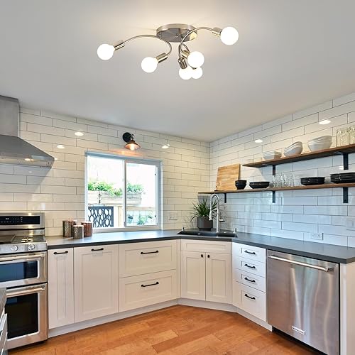 Miniatura 9 de Lámpara de araña Sputnik de níquel cepillado de 6 luces, moderna lámpara de techo semiempotrada, lámpara de techo industrial de metal para sala de