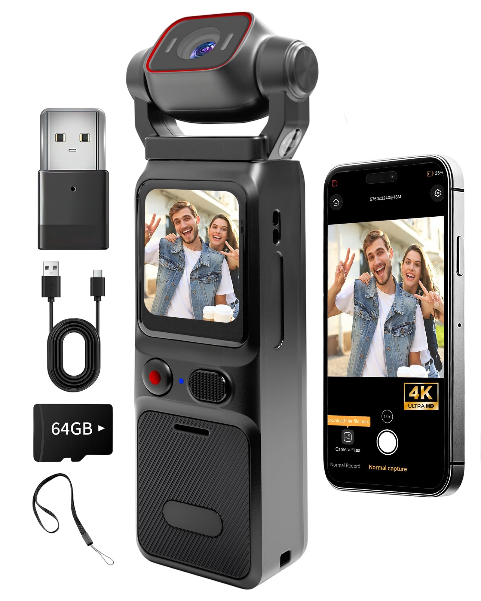 4K Camera Vlog, Portable Caméra POV, Caméra de Corps, Body Cam pour Sport, WiFi Mini Camera Sport avec Stabilisation, Caméras Corporelles pour Voyage, Carte TF 64GB