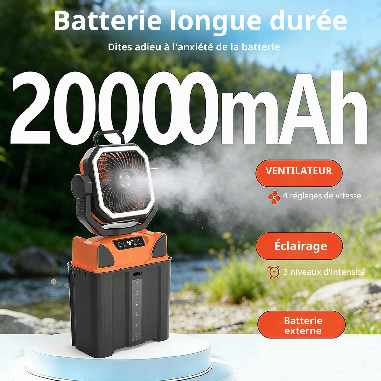 Denash Ventilateur de Camping Rechargeable, Ventilateur Brumisateur alimenté par Batterie de 20 000 MAh avec Seau de 6 L, Lumière LED et Télécommande, de Refroidisseme