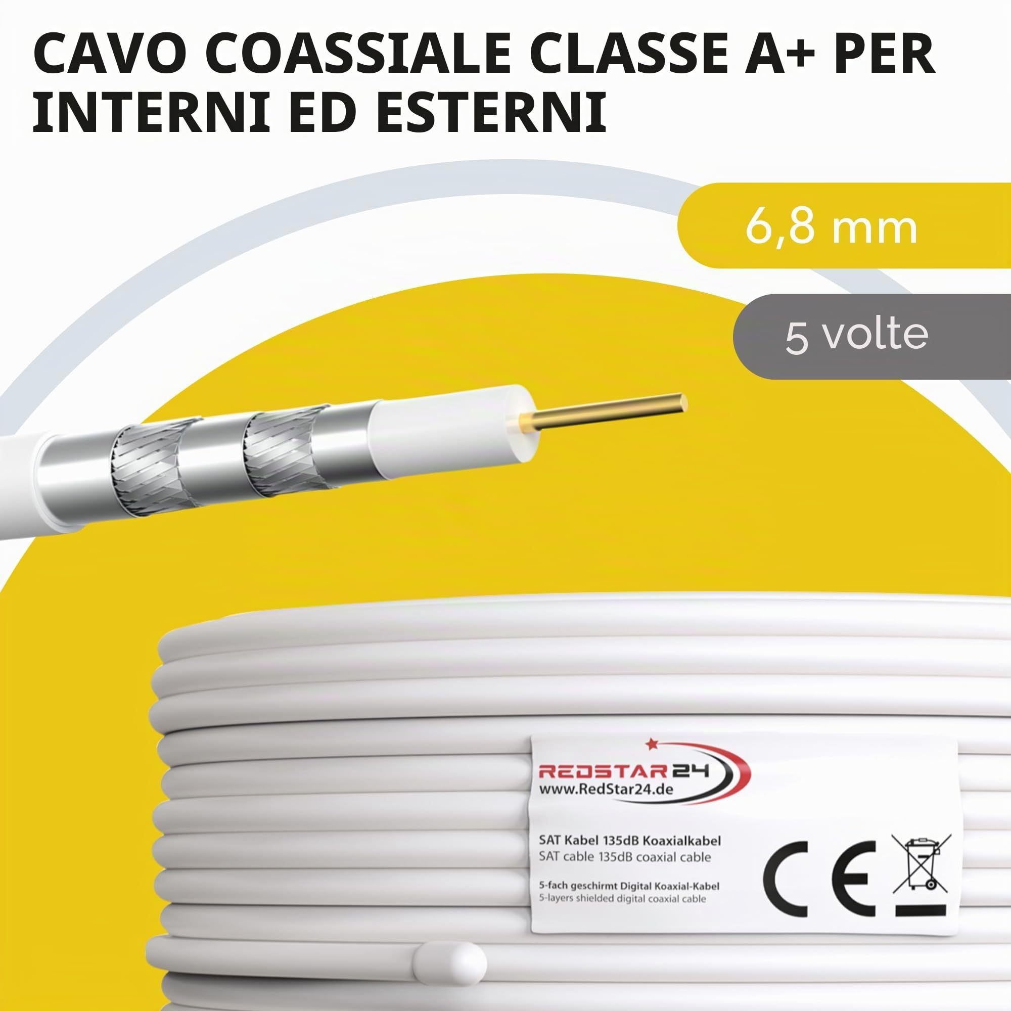 RedStar24 Cavo Coassiale SAT 30m 135dB Digitale | Classe A+ | Schermatura a 5 Strati per Ultra HD 4K DVB-S/S2, DVB-C/C2, DVB-T | Cavo Antenna Coassiale | 10 Connettori F | Bianco 30 Metri