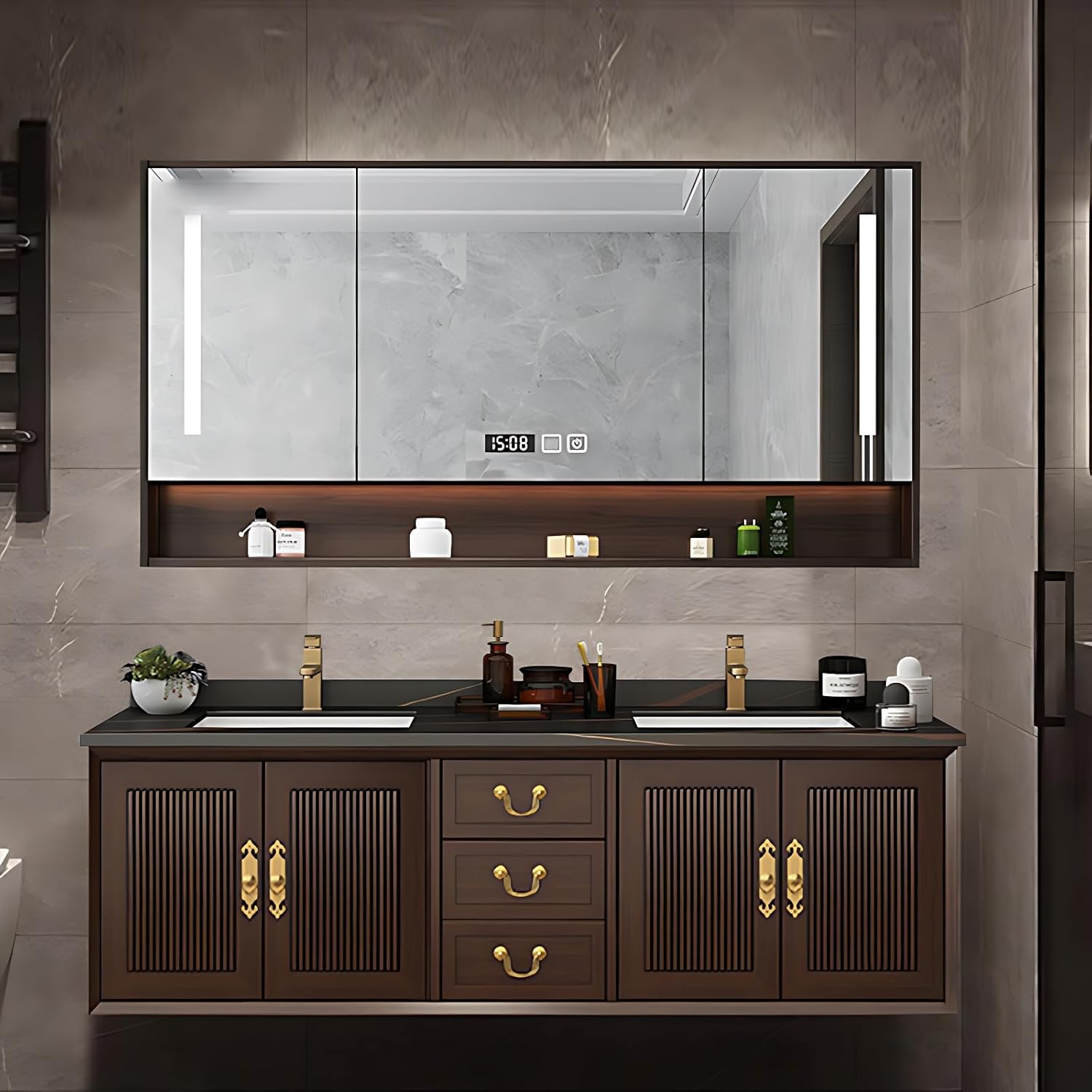 Luxury Solid Wood Bathroom Cabinet, LED Defogging Mirror, Metal Handle, 3 Drawers & 4 Doors, Double Bathroom Vanity with Sink (56'')