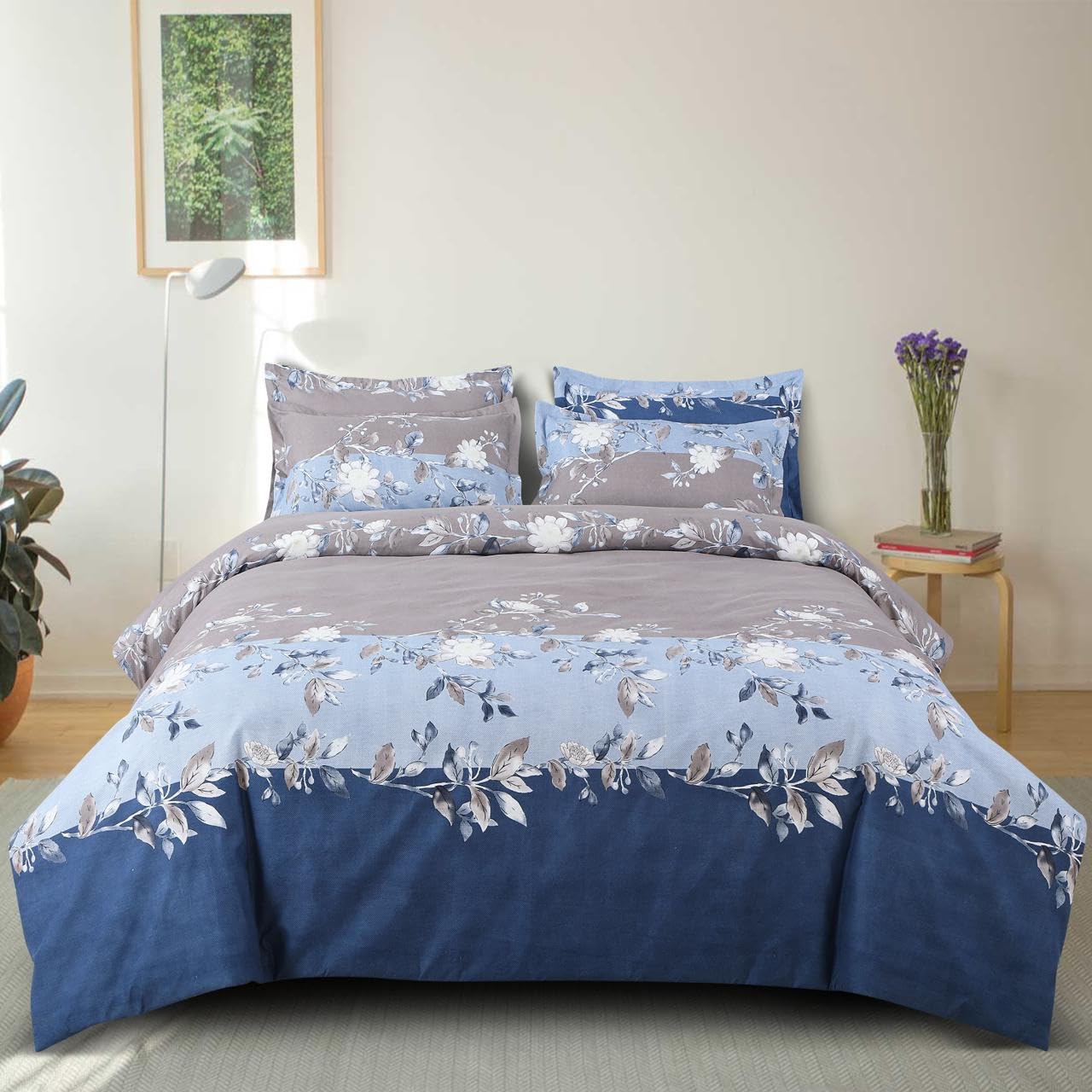 THE HOME STYLE Cotton 400 TC Elastic Fitted All Around Printed Queen Size Double Bed Bedsheet Wih 2 Pillow Cover (60"X78", Frost Blue)