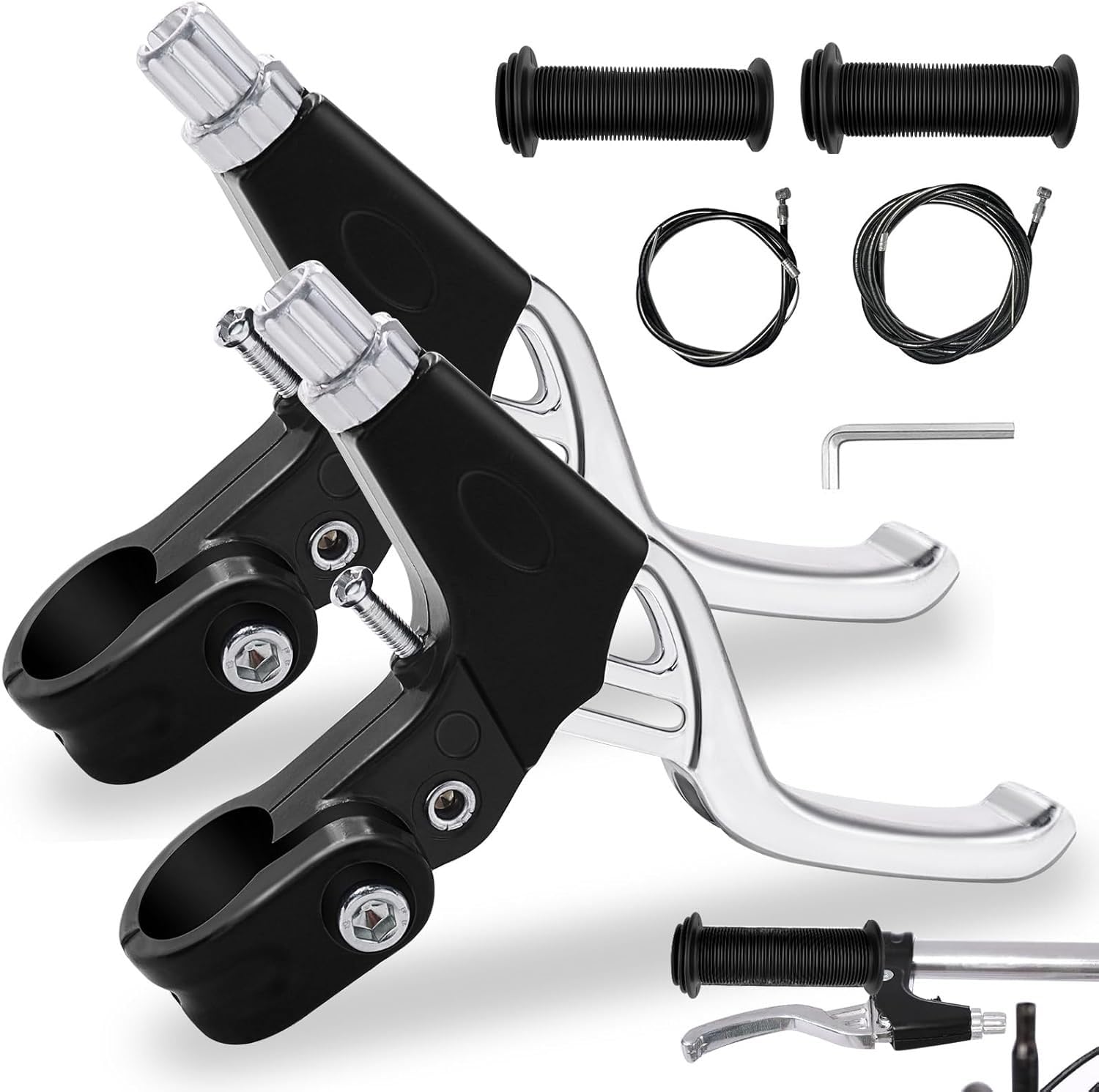 Paire De Leviers De Frein VTT – Alliage Alu, 2 Câbles + 2 Poignées Inclus, Réglables, Argent/noir